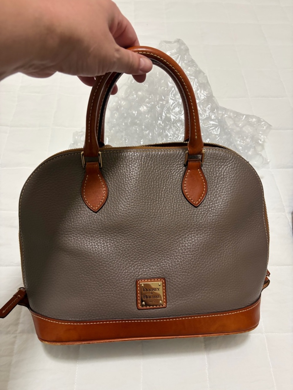 Dooney & Bourke Gray Pebble Leather Satchel with Brown Trim
